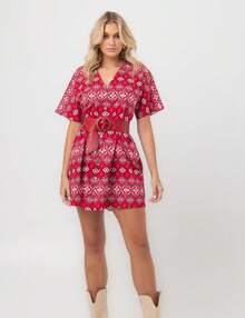 Short Red Pequiá Bokeh Tricoline Dress - 紅色 - 查看 2