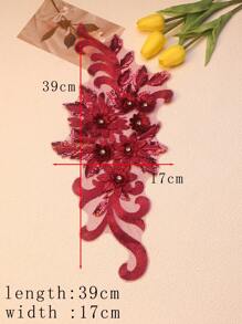 39 厘米 X 16 厘米 3D 刺绣串珠贴花薄纱蕾丝 DIY 装饰面料适用于婚纱、演出服装 - 棗紅色 - 查看 3