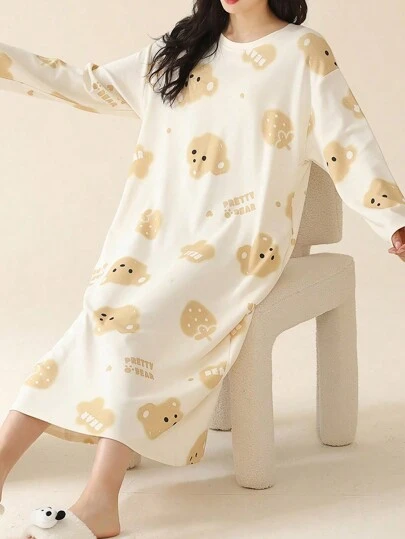 AICJ 1 件女士休闲简约圆领泰迪熊和字母印花中长连衣裙休闲装，母亲节、情人节、新年礼物