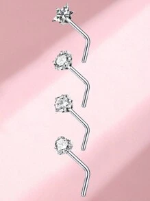 4pcs Round Heart, Pentagram, Cube Zirconia Decorated I L-Type Nose Studs, Gold & Silver Color