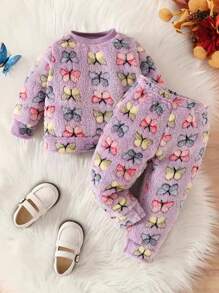 2 件套年轻女孩可爱简约休闲校园甜美女士彩色蝴蝶印花毛绒圆领长袖长裤保暖睡衣家居服套装秋冬