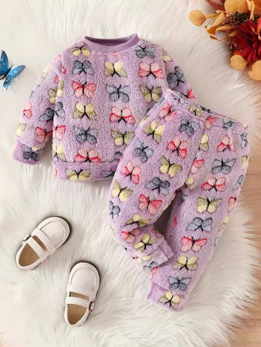 2 件套年轻女孩可爱简约休闲校园甜美女士彩色蝴蝶印花毛绒圆领长袖长裤保暖睡衣家居服套装秋冬