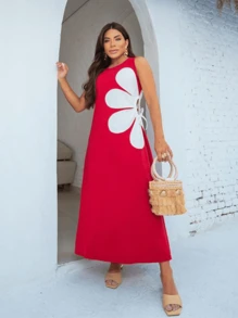 LONG COTTON FLOWER DRESS FOR WOMEN, ELEGANT CASUAL FASHION - 紅色 - 查看 1