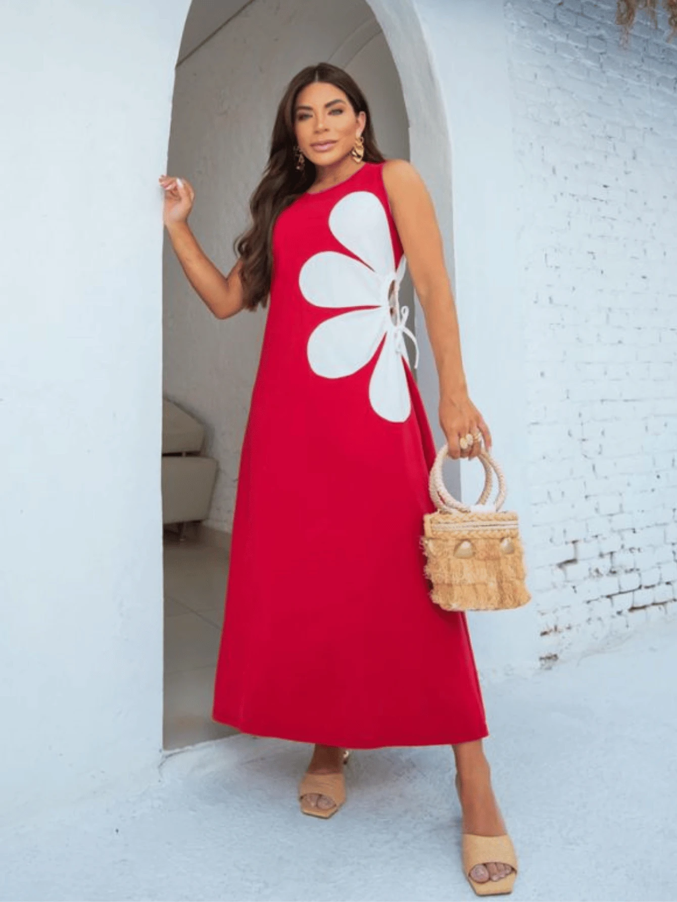 LONG COTTON FLOWER DRESS FOR WOMEN, ELEGANT CASUAL FASHION - 紅色 - 查看 1