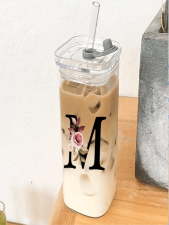 1pc, 13.53oz A-Z Letter Pattern Household Square High Borosilicate Glass Cup, Portable Straw Mug, Minimalist Women's Water Cup Mug, Gift For Best Friend And Girlfriend, Mother's Day Gift