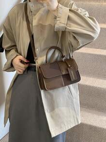 New Stylish Simple Plaid Patchwork Handbag Tote Shoulder Crossbody Bag , Old Money - Coffee Brown - View 3
