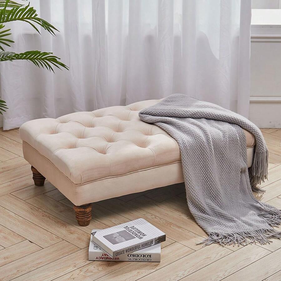 LIVINGANDHOME Living And Home Velvet Footstool - Button-Tufted Rectangular Pouf With Gourd Wooden Legs (90x60cm, Grey) - Beige - View 1