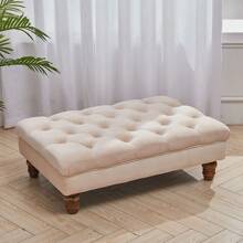 LIVINGANDHOME Living And Home Velvet Footstool - Button-Tufted Rectangular Pouf With Gourd Wooden Legs (90x60cm, Grey) - Beige - View 6
