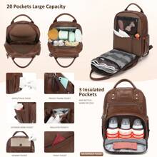Vegan Leather Diaper Bag Backpack For Boy Girl With Changing Pad And Pacifier Case, Waterproof, Travel Baby Bag Backpack For Mom Dad, Perfect Baby Shower Gifts - Màu nâu Sô-cô-la - Xem 2