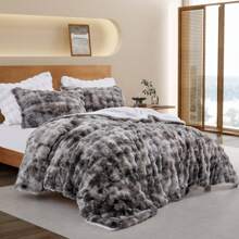 Super Soft Warm Fluffy Faux Rabbit Plush Comforter Antistatic Bed Blanket , Reversible Sherpa Berber Fleece Comforter Sets Faux Fur Comforter Plush Fuzzy Bed Set , Winter Warm Bedding Sets With 2 Pillow Cases, Queen Or King - 深灰色 - 查看 2