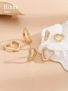 Hihho 6 件套简约心形方晶锆石耳钉，优雅珠宝礼品套装，适合女性情人节、妈妈、母亲、母亲节、礼物 - 金黃色 - 查看 6
