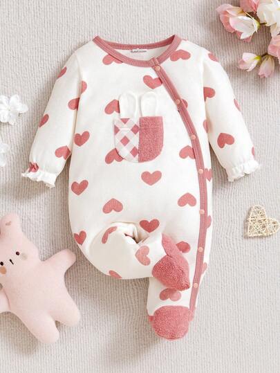 1 Stück Baby Mädchen Jumpsuit mit Herz Muster und farblich abgesetzter 3D Kaninchen Ohr Tasche, Jumpsuit Homewear