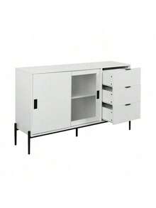 Modern Featured Storage Cabinet Sideboard With Glass Sliding Door And 3 Drawers, Entryway Console Table Kitchen Buffet Cabinet For Corridors Entrances Kitchen Study White,Fiah