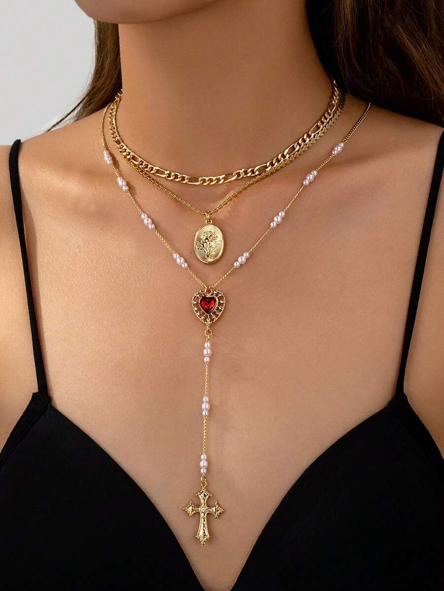 Set de 3 collares con colgantes en capas, con forma de corazón, cruz y perlas falsas, para el Día de San Valentín