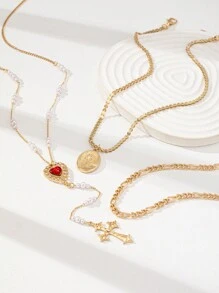 Set de 3 collares con colgantes en capas, con forma de corazón, cruz y perlas falsas, para el Día de San Valentín