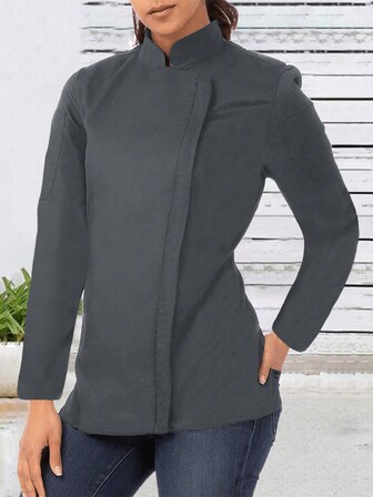 Women's Solid Color Stand Collar Chef Jacket With Zipper, Long Sleeve