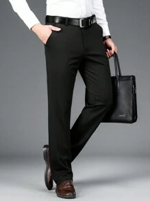 Men's Wrinkle-Resistant Elastic Business Trousers, Solid Color Straight Leg Slanted Pocket Casual Pants, Daily & Commute Wear