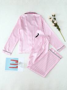 2pcs Women Satin Pajama Set, Long Sleeve Collar Top And Striped Bow Pants, Fall/Winter Loungewear, Two Pieces Set, Fall Clothes - Pink - View 2