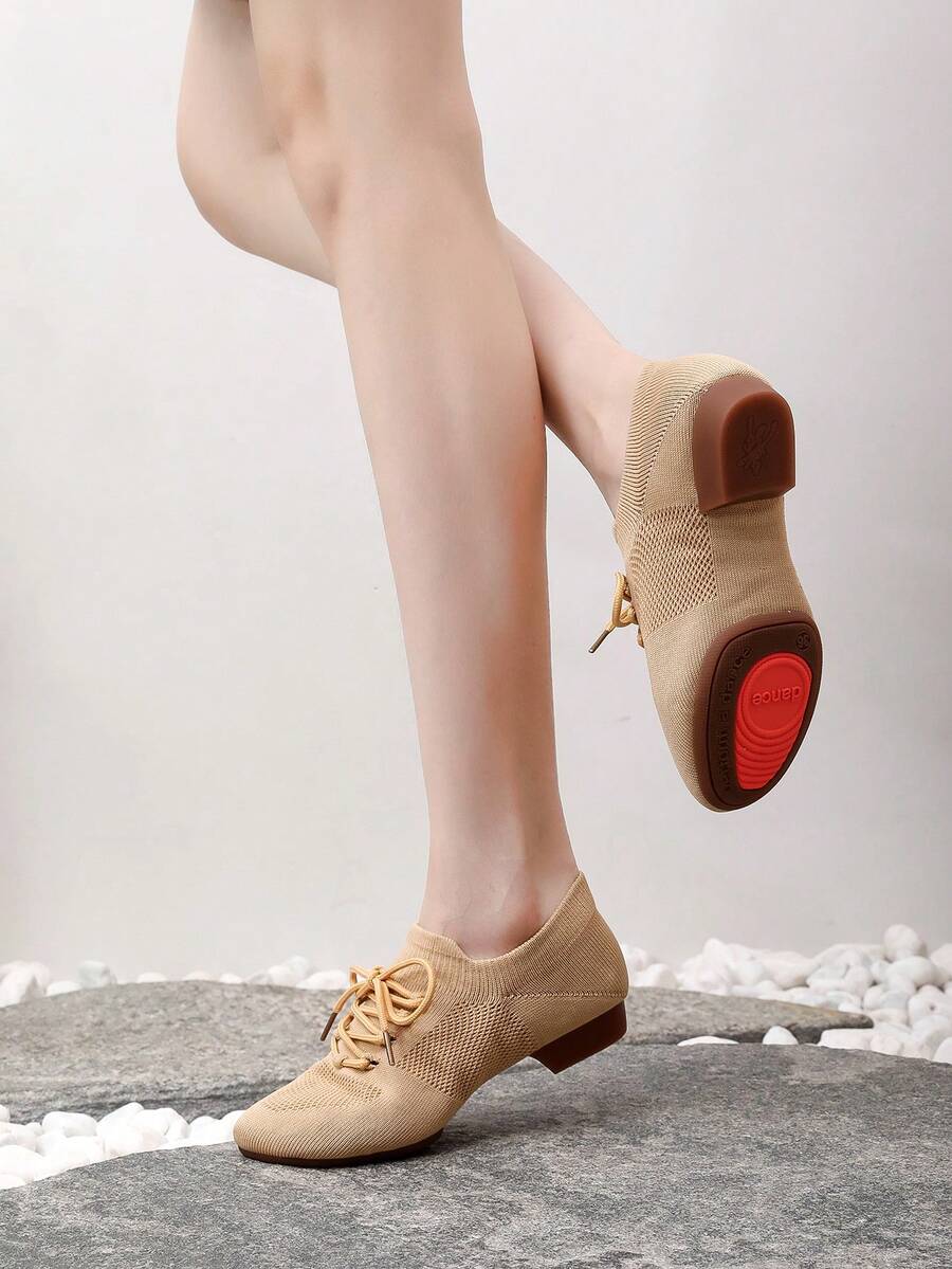 系带编织红鞋，2厘米低跟，软底，女式拉丁/芭蕾/户外运动鞋，适合萨尔萨舞、探戈舞、华尔兹舞，舒适、轻便， - 駝色 - 查看 1