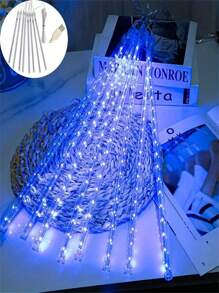1pc 192 LED Meteor Shower Rain String Lights - Drop Icicle Snow Falling Raindrop Cascading Lights For Garden Wedding Party New Year Festivals, Valentine's Day Decorations, Solar Outdoor String Lights