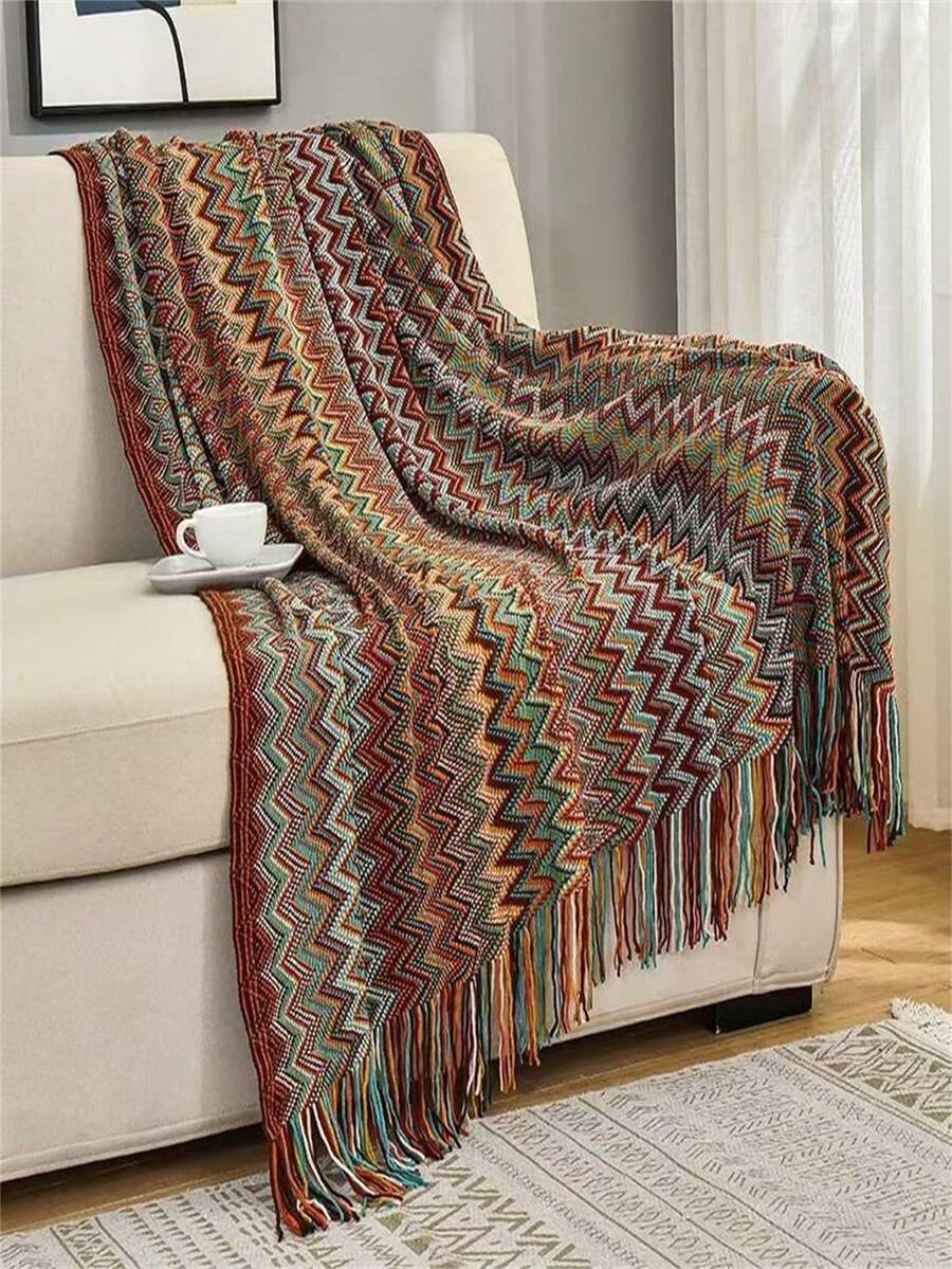 1 件波西米亚风格毛巾毯、沙发盖毯、办公室午睡毯，奢华 - 酒紅色 - 查看 1