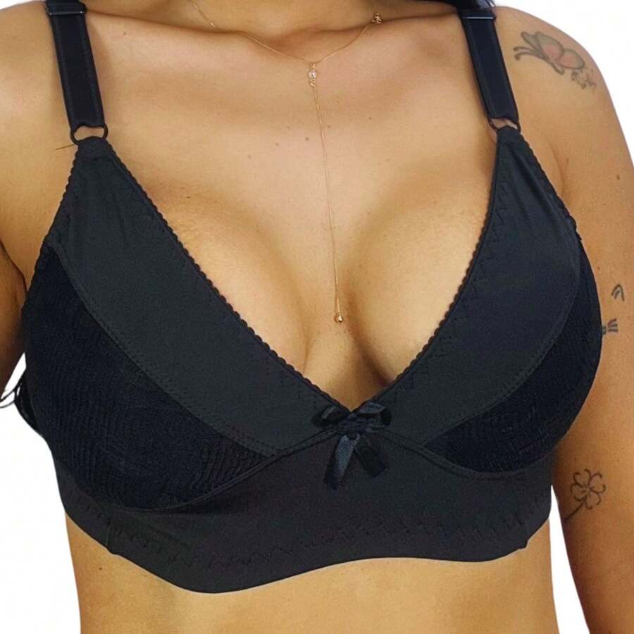 Kit 3 Reinforced Plus Size Bra With Lace, Thick Straps, No Underwire, Katrina - 黑色 - 查看 1