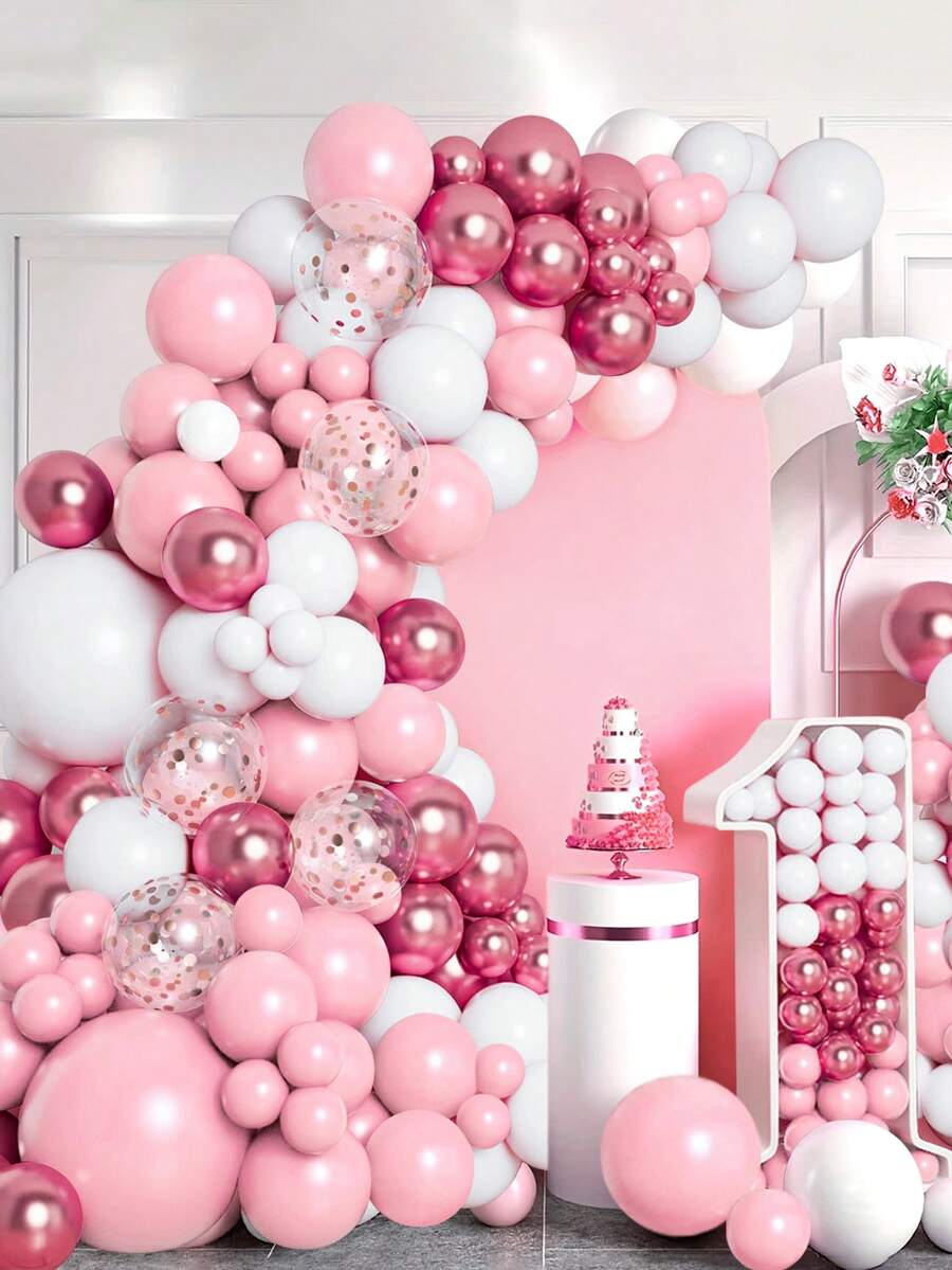 109 件粉色装饰气球花环套装，裸色粉彩粉色金属金色玫瑰金五彩纸屑气球适用于婚礼新娘送礼会公主派对节日生日派对装饰、圣诞节 - 粉色 - 查看 1