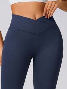 1pc Women's Ribbed Peach Buttock Shaping Flare Leggings, V-Shaped High Waist Fitness Yoga Pants