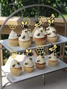 12/20/24/36/48 Stück Glitzer Hummel Cupcake Dekoration - perfekt für Babyparties, Geburtstagsfeiern - Waben Design Kuchen Deko zufälliger Stil