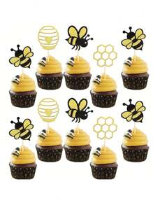 12/20/24/36/48 Stück Glitzer Hummel Cupcake Dekoration - perfekt für Babyparties, Geburtstagsfeiern - Waben Design Kuchen Deko zufälliger Stil