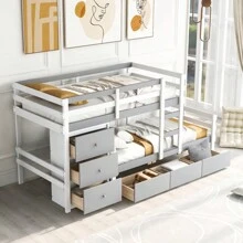 Twin Over Twin Loft Bunk Bed With Drawers And Ladder, Gray - 灰色+松木+雙色如圖 - 查看 2