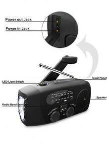 STONEGO 1 件式风力收音机，应急太阳能收音机曲柄 AM FM 发电机收音机，带 2000 毫安时电池，明亮手电筒，适用于应急和户外 - 1PC - 查看 3