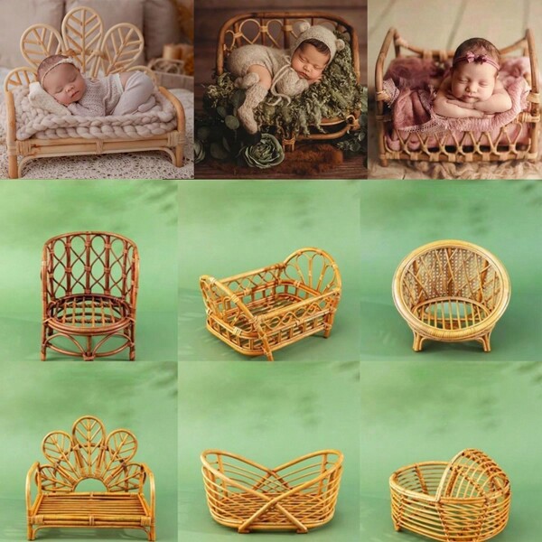 Newborn Photography Props Handmade Retro Rattan Baby Bed Basket Chair Wooden Sofa Baby Crib Boy Girl Session Posing Furniture Photoshoot Accessories