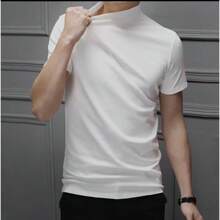 Men's T-Shirt, Short Sleeve, High Collar, American Style, Ribbed - 白色 - 查看 1