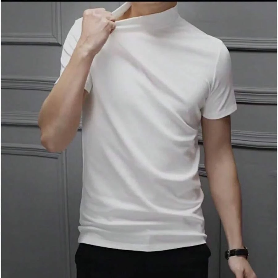 Men's T-Shirt, Short Sleeve, High Collar, American Style, Ribbed - 白色 - 查看 1