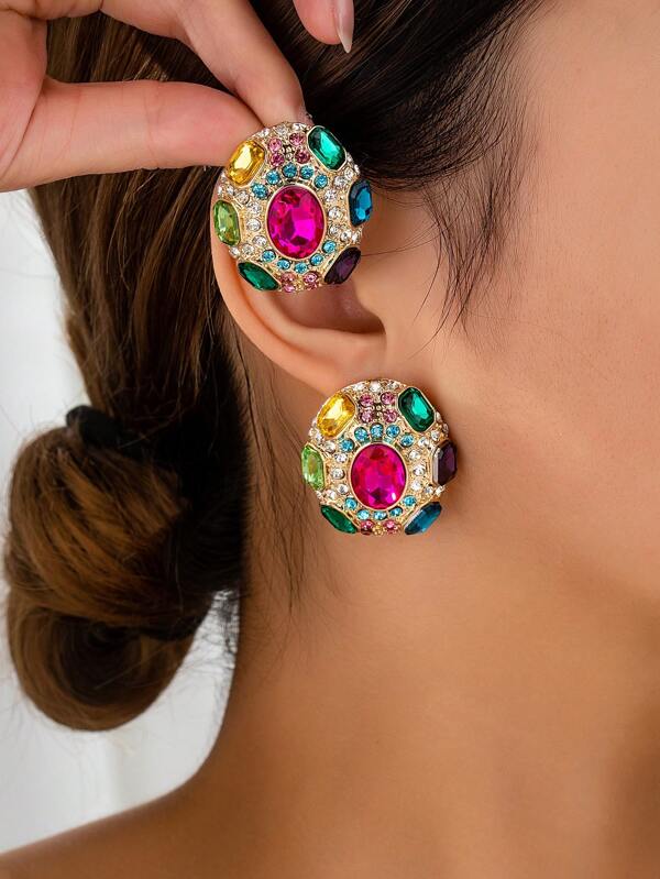 1pair Exaggerated Oval Contrast Color Rhinestone Stud Earrings For Women