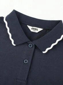 Annil 甜美波浪边长袖立领女童童装搭配针织衫秋季基础款简约亲肤舒适柔软打底衫 - 寶藍色 - 查看 3