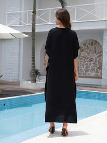 Áo choàng maxi thêu đen, áo kaftan thanh lịch mặc nhà cho kỳ nghỉ xuân. - màu đen - Xem 2