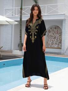Áo choàng maxi thêu đen, áo kaftan thanh lịch mặc nhà cho kỳ nghỉ xuân. - màu đen - Xem 1