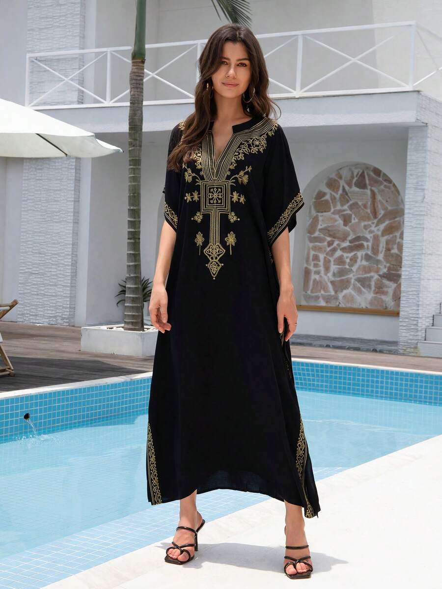 Áo choàng maxi thêu đen, áo kaftan thanh lịch mặc nhà cho kỳ nghỉ xuân. - màu đen - Xem 1