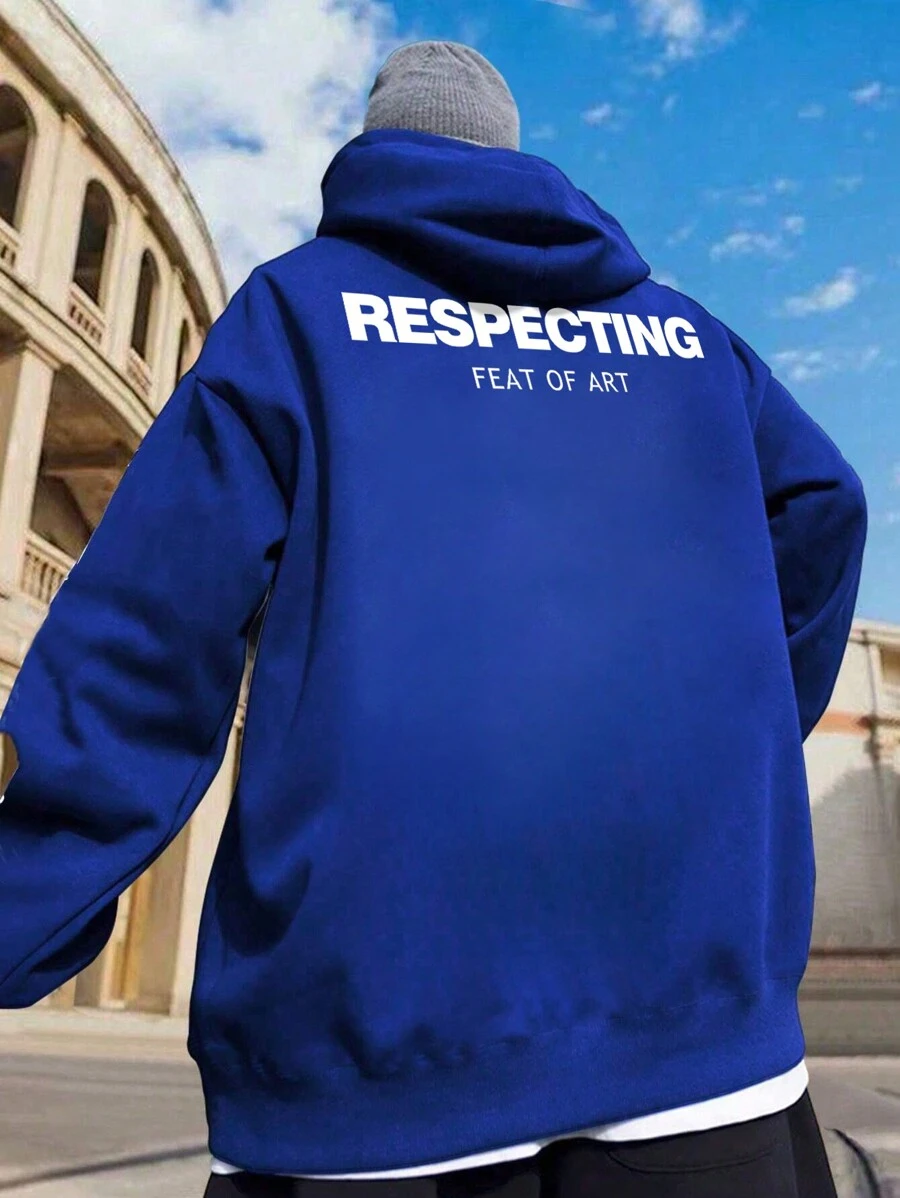 Camvyn Men's Casual Letter Print Loose Relaxed Shoulder Drawstring Hoodie Sweatshirt, Autumn - Royal Blue - View 1