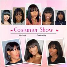 Fulgent Sun Hair Straight Bob Human Hair Wigs With Bangs For Women 2X1 Realistic Scalp Wig Brazilian Hair Straight Bob Wigs Machine Made - Natural Black - View 8