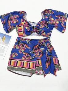Women's Suit Short Skirt Printed Casual Style Summer Fashion - Màu xanh lam - Xem 1