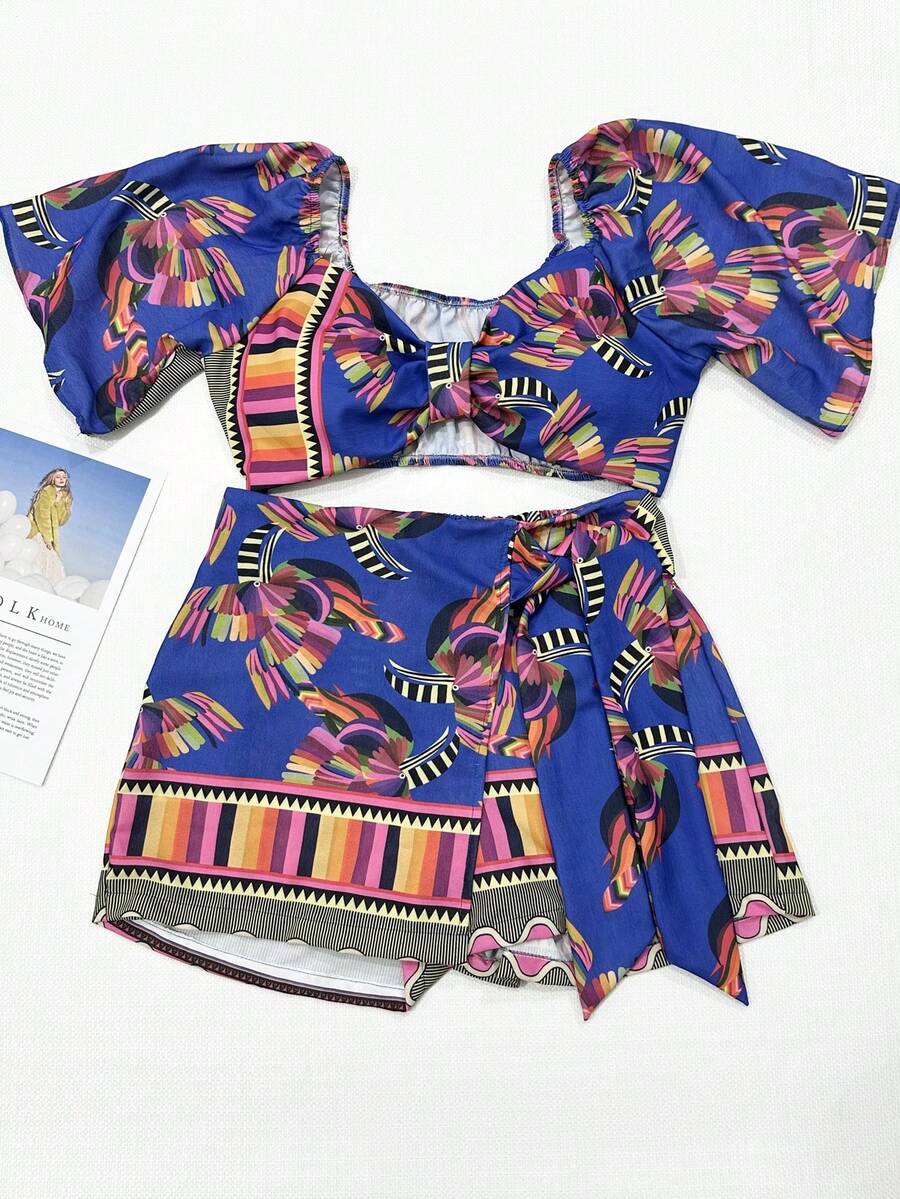 Women's Suit Short Skirt Printed Casual Style Summer Fashion - Màu xanh lam - Xem 1