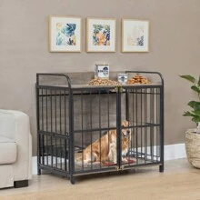 GO 39'' Indoor Metal Dog Crate With Double Doors, Wooden Side End Table Crate, Dog Crate Furniture With Adjustable Feeder Stand, For Medium Dog, Gray - 灰色+實木+狗如圖 - 查看 5