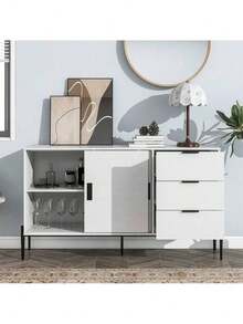 Modern Featured Storage Cabinet Sideboard With Glass Sliding Door And 3 Drawers, Entryway Console Table Kitchen Buffet Cabinet For Corridors Entrances Kitchen Study White,Fiah