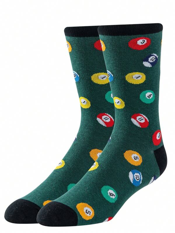 1 Paar Herren Socken mit verrücktem Billard Muster, bequeme und atmungsaktive Socken bis zur Wade, lustige Socken für Frauen