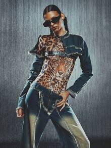 Frayed Edge Super Short Length Long Sleeve Denim Jacket - Blue - View 9