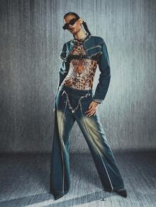 Frayed Edge Super Short Length Long Sleeve Denim Jacket - Blue - View 7