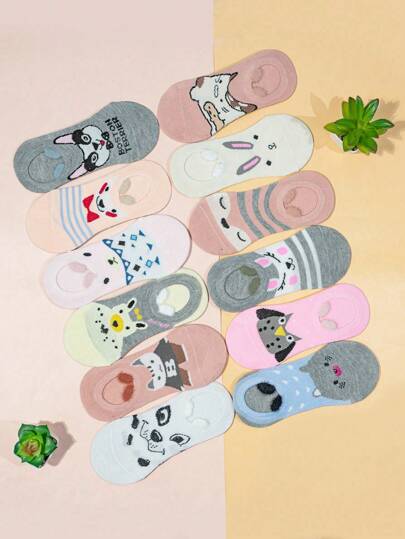 12 Pares De Calcetines Invisibles Con Orejitas Para Dama. Delgadas, Transpirables Y Super Cómodas Con Diferentes Diseños Cada Paquete.